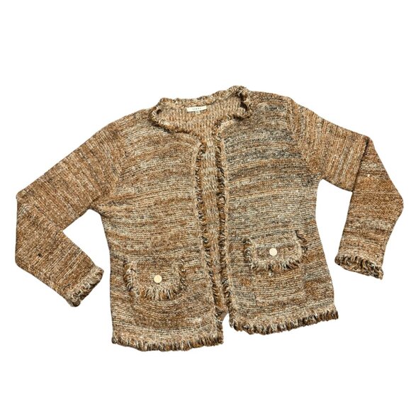 Sioni Brown Tan Textured Fringe Cardigan L w/ Sequins & Pockets - Picture 5 of 15